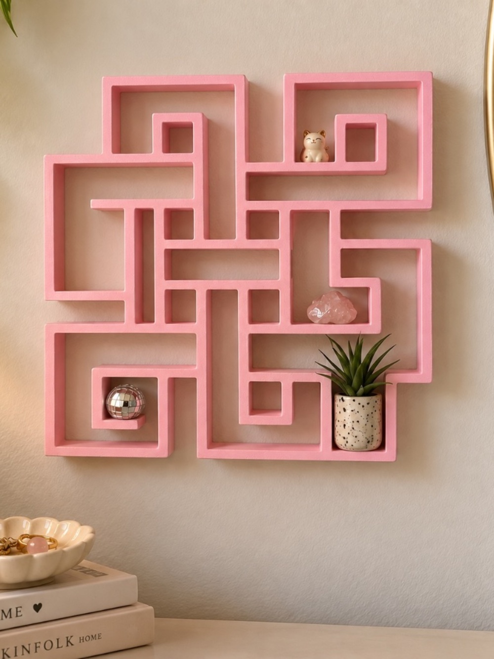 Pink Geometric Wall Display Shelf | 3D Printed Mini Shelf & Decor